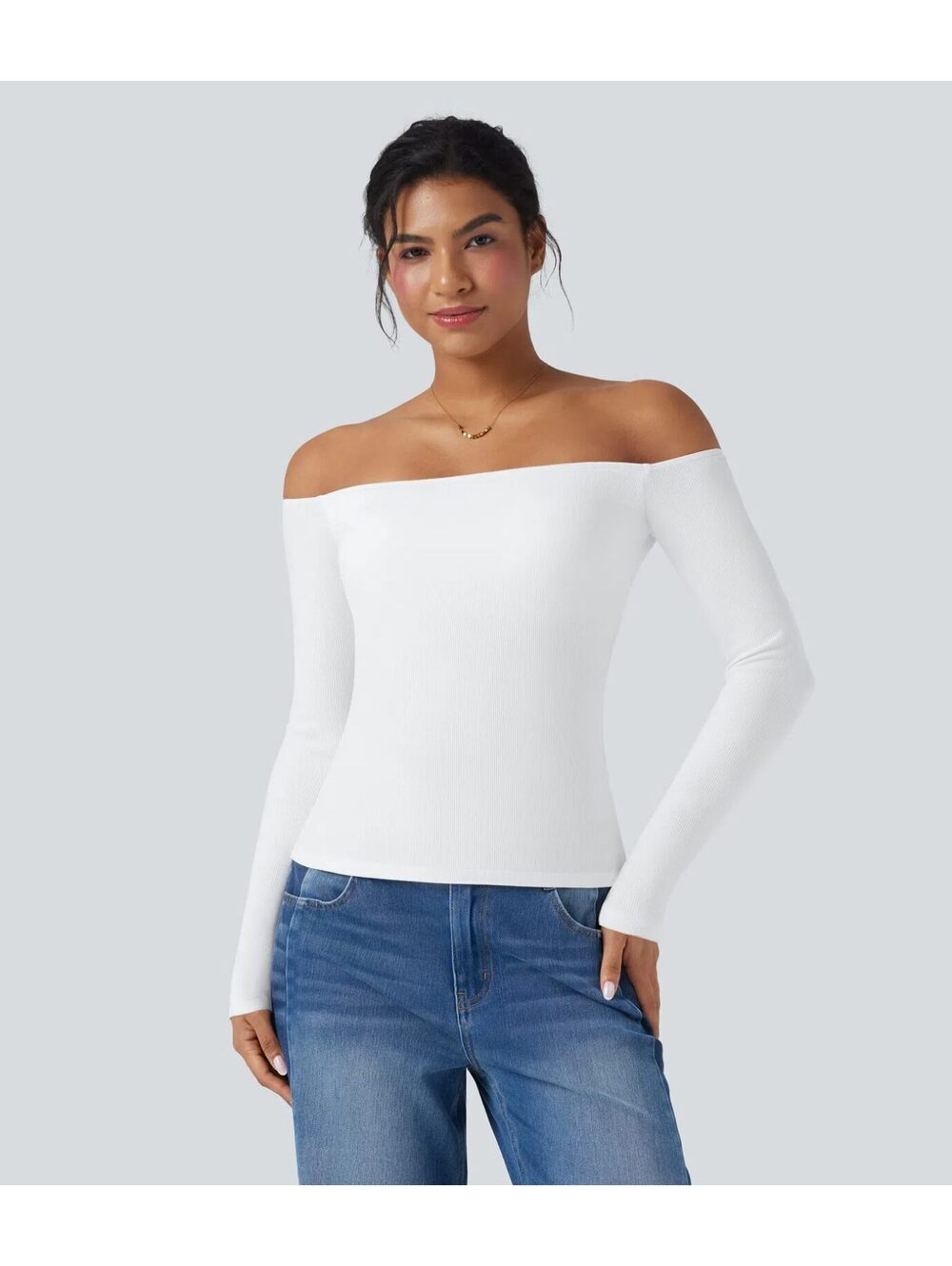 Halara Ribbed Knit Off Shoulder Long Sleeve 2-in-1 Casual Top White Size Medium - Picture 7 of 9